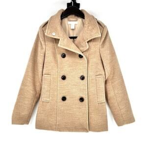H&M Sz 6 Faux Wool Pea Coat Women’s Lined,‎ Doubled Breasted Beige Career Preppy